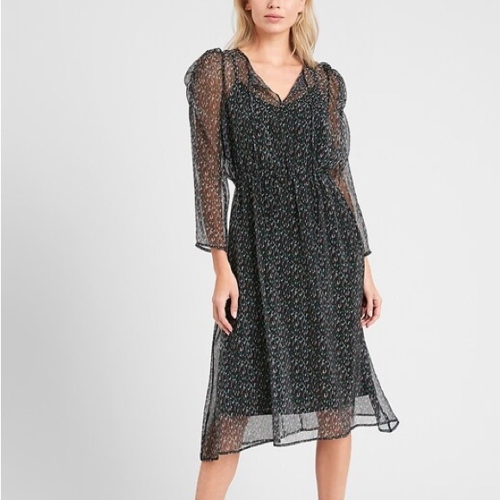 Banana Republic Puff Sleeve Lurex Black Sheer Midi Dress Womens L Sparkle - Picture 9 of 10